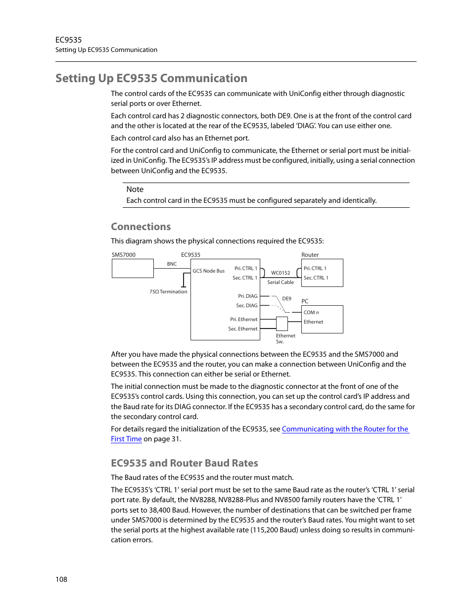 Setting up ec9535 communication, Connections, Ec9535 and router baud rates | Connections ec9535 and router baud rates, Setting up ec9535 communi, Cation, Ec9535 | Grass Valley UniConfi NVISION Series v.2.0 User Manual | Page 118 / 178