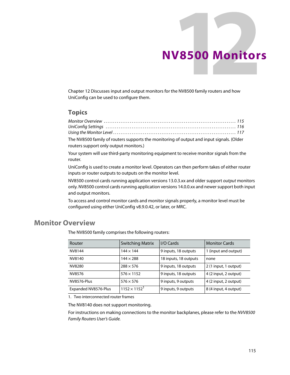 Nv8500 monitors, Monitor overview, 12 nv8500 monitors | Chapter 12, Topics | Grass Valley UniConfi NVISION Series v.2.0 User Manual | Page 125 / 178