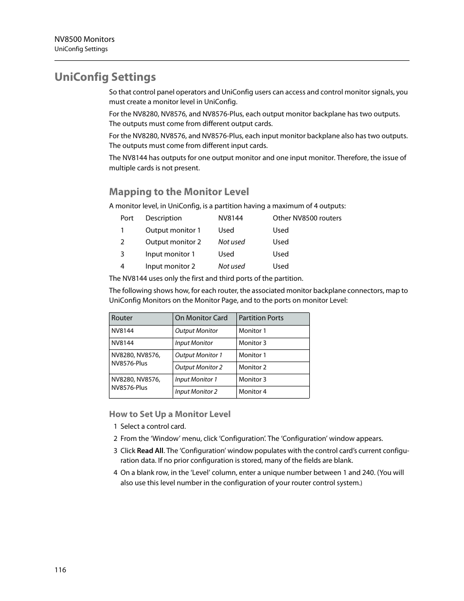 Uniconfig settings, Mapping to the monitor level, How to set up a monitor level | Grass Valley UniConfi NVISION Series v.2.0 User Manual | Page 126 / 178