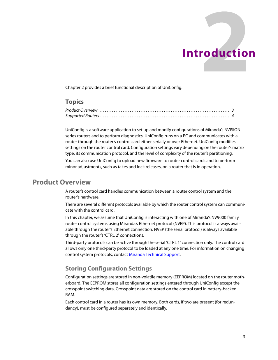 Introduction, Product overview, Storing configuration settings | 2 introduction, Chapter 2 | Grass Valley UniConfi NVISION Series v.2.0 User Manual | Page 13 / 178
