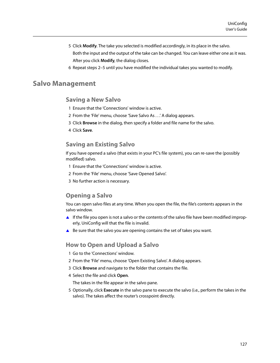 Salvo management, Saving a new salvo, Saving an existing salvo | Opening a salvo, How to open and upload a salvo | Grass Valley UniConfi NVISION Series v.2.0 User Manual | Page 137 / 178