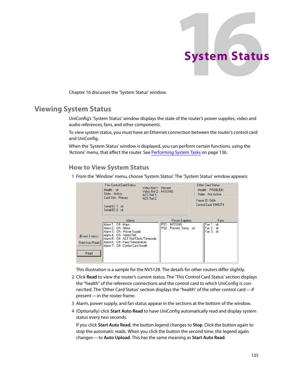 System status, Viewing system status, How to view system status | 16 system status, Chapter 16, Discuss | Grass Valley UniConfi NVISION Series v.2.0 User Manual | Page 145 / 178