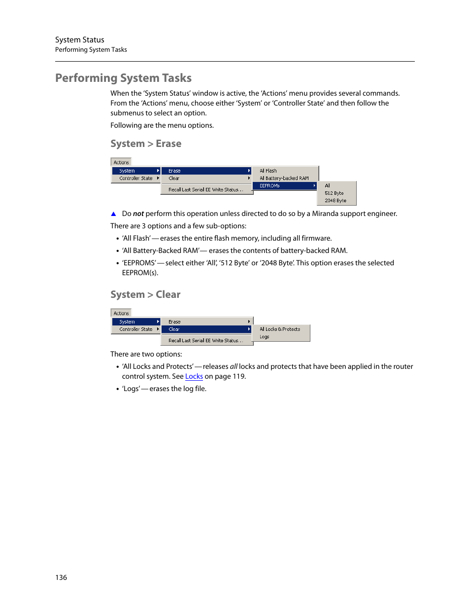 Performing system tasks, System > erase, System > clear | System > erase system > clear | Grass Valley UniConfi NVISION Series v.2.0 User Manual | Page 146 / 178