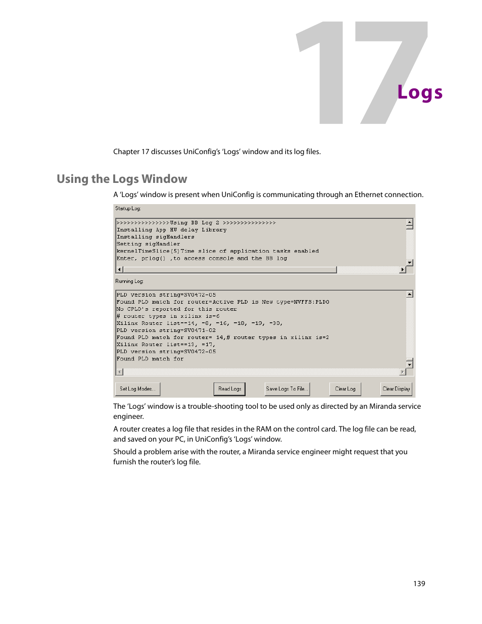 Logs, Using the logs window, 17 logs | Chapter 17 | Grass Valley UniConfi NVISION Series v.2.0 User Manual | Page 149 / 178