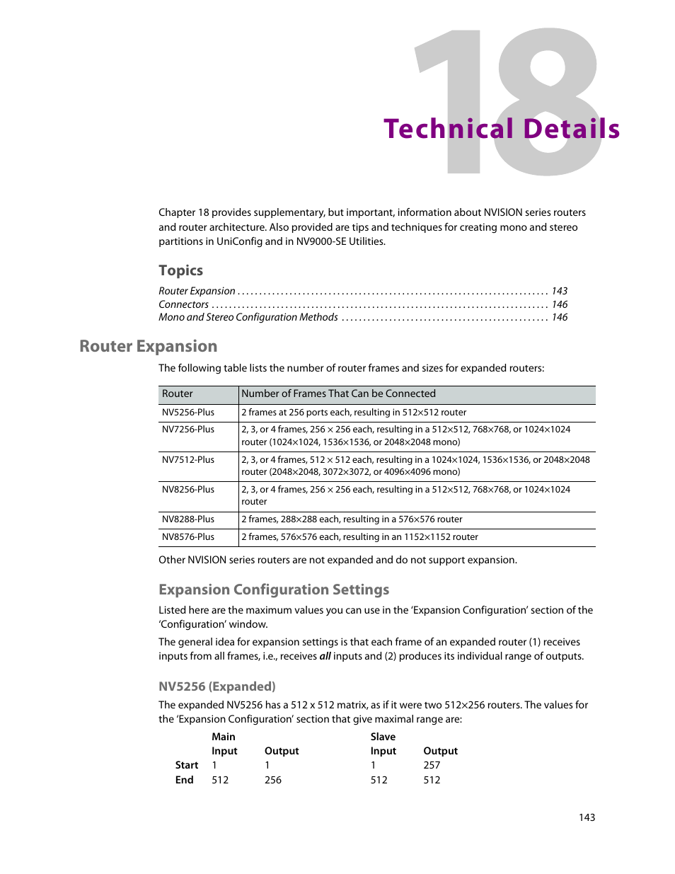 Technical details, Router expansion, Expansion configuration settings | 18 technical details, Nv5256 (expanded), Chapter 18, Router, Expansion, Topics | Grass Valley UniConfi NVISION Series v.2.0 User Manual | Page 153 / 178