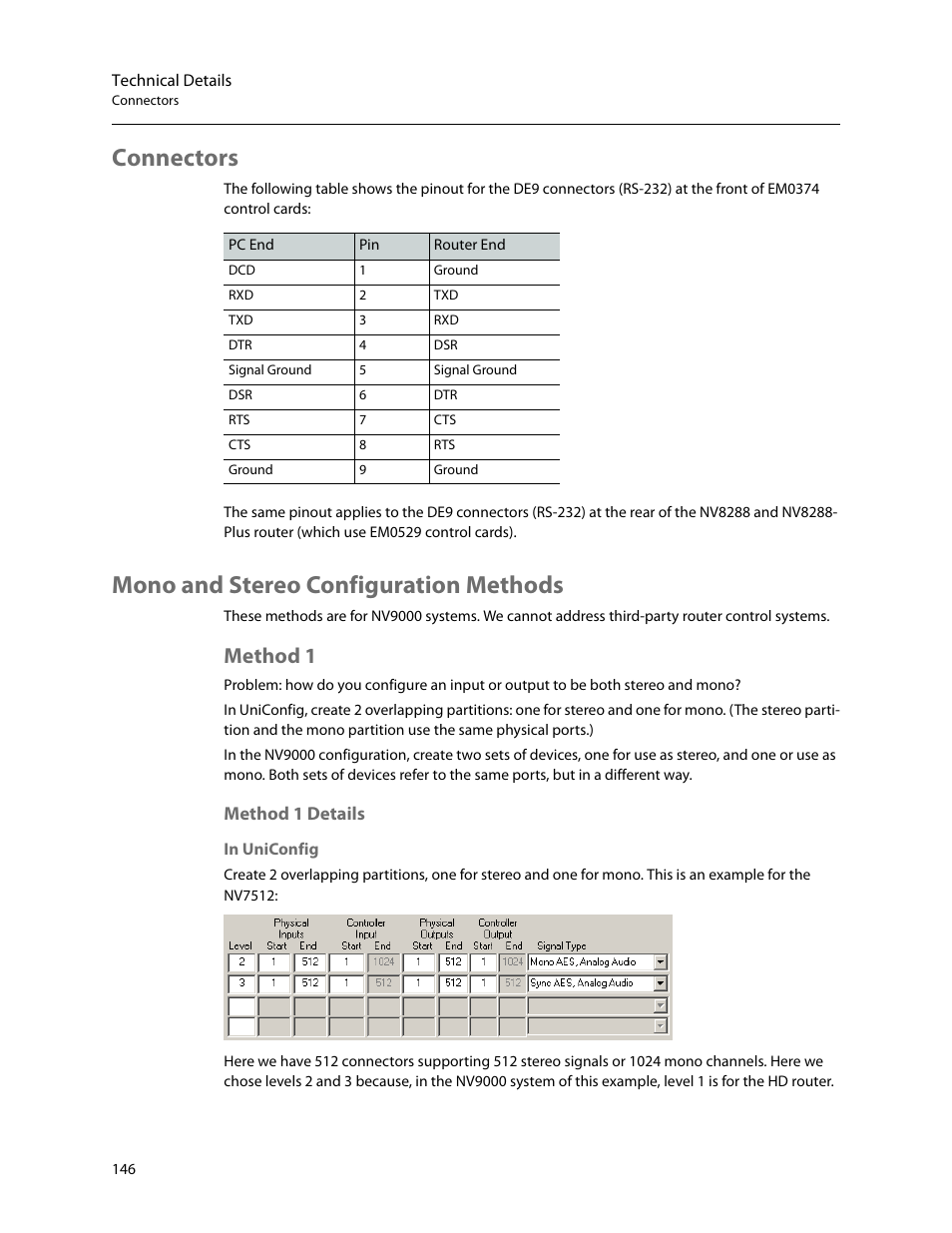 Connectors, Mono and stereo configuration methods, Method 1 | Connectors mono and stereo configuration methods, Method 1 details | Grass Valley UniConfi NVISION Series v.2.0 User Manual | Page 156 / 178