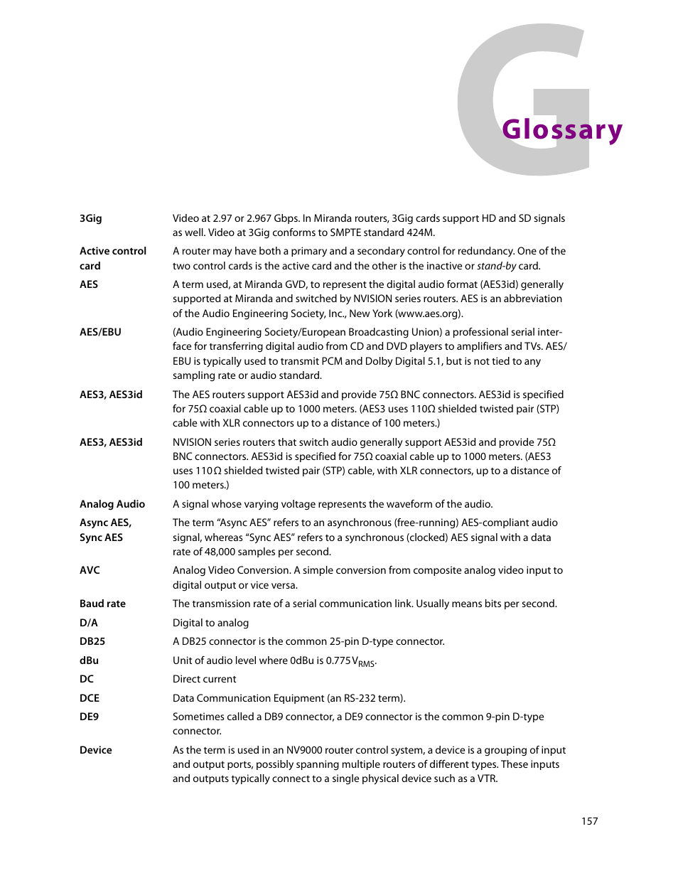 Glossary | Grass Valley UniConfi NVISION Series v.2.0 User Manual | Page 167 / 178