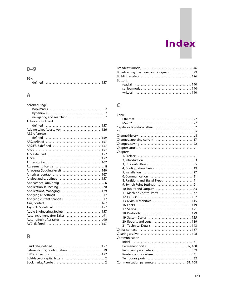 Index | Grass Valley UniConfi NVISION Series v.2.0 User Manual | Page 171 / 178