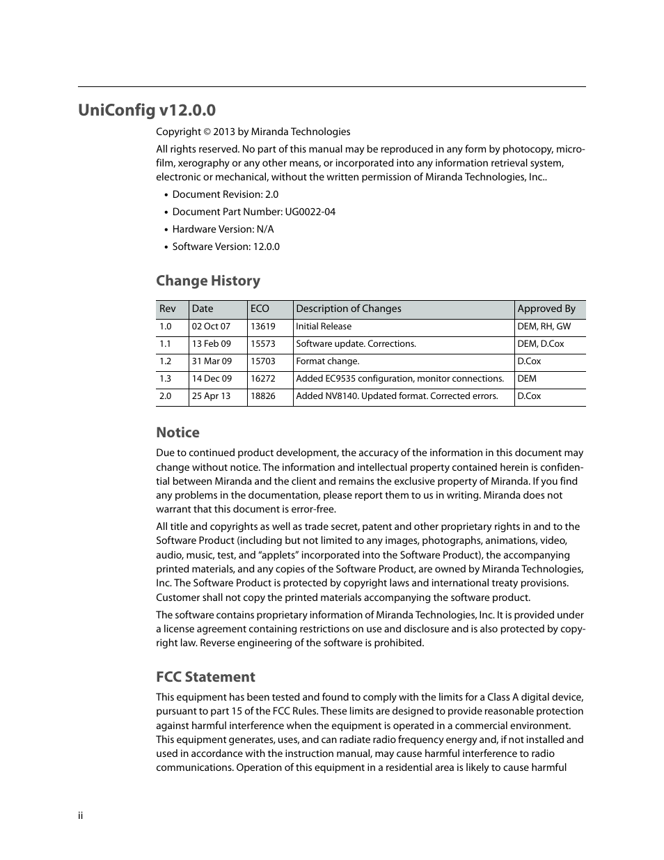 Uniconfig v12.0.0, Change history notice, Fcc statement | Grass Valley UniConfi NVISION Series v.2.0 User Manual | Page 2 / 178