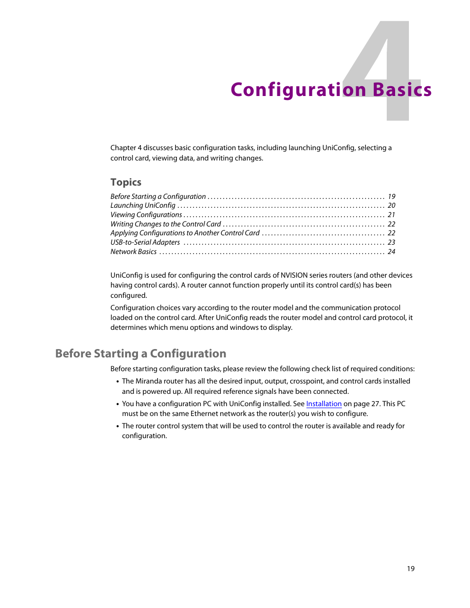 Configuration basics, Before starting a configuration, 4 configuration basics | Chapter 4, Topics | Grass Valley UniConfi NVISION Series v.2.0 User Manual | Page 29 / 178