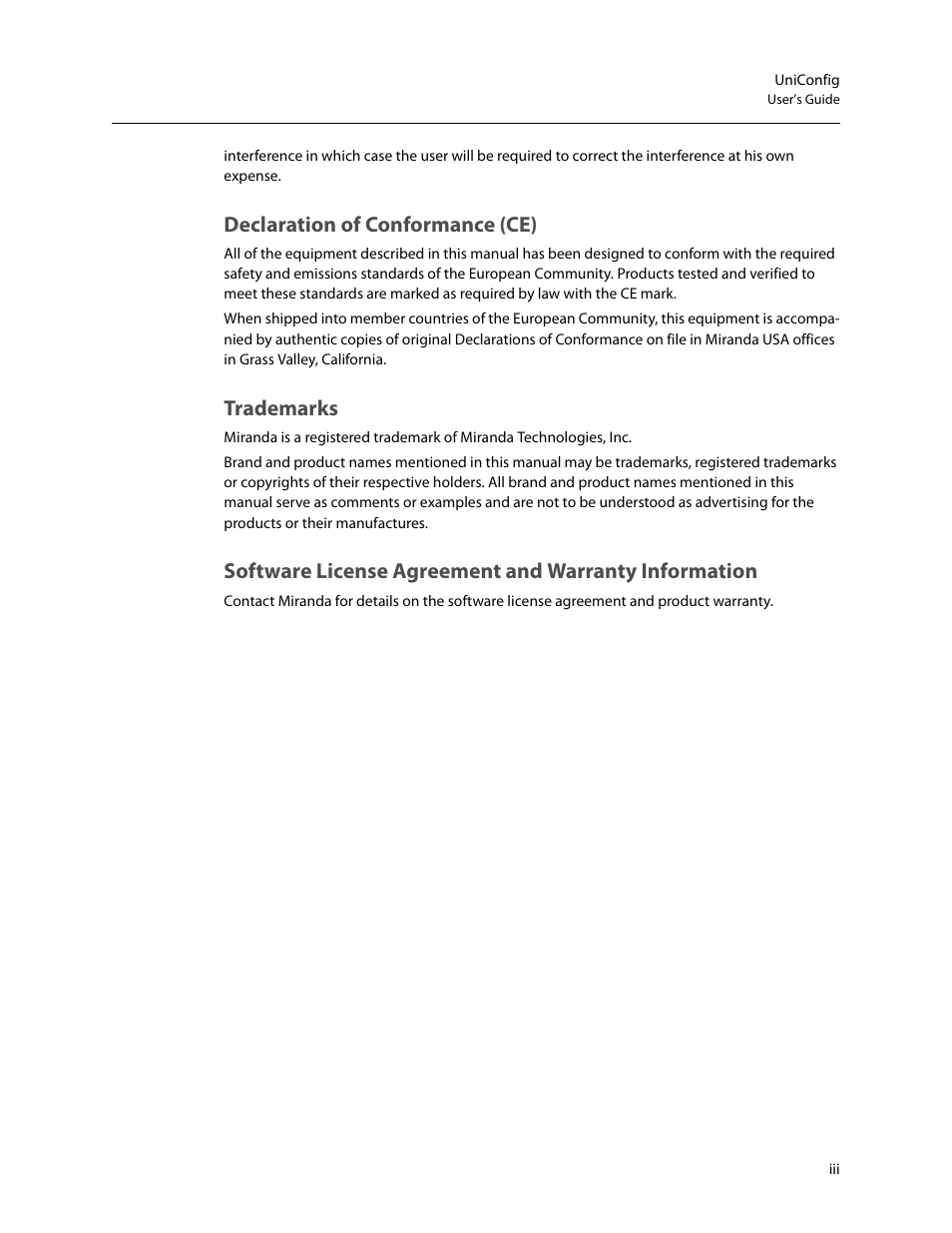 Declaration of conformance (ce), Trademarks | Grass Valley UniConfi NVISION Series v.2.0 User Manual | Page 3 / 178