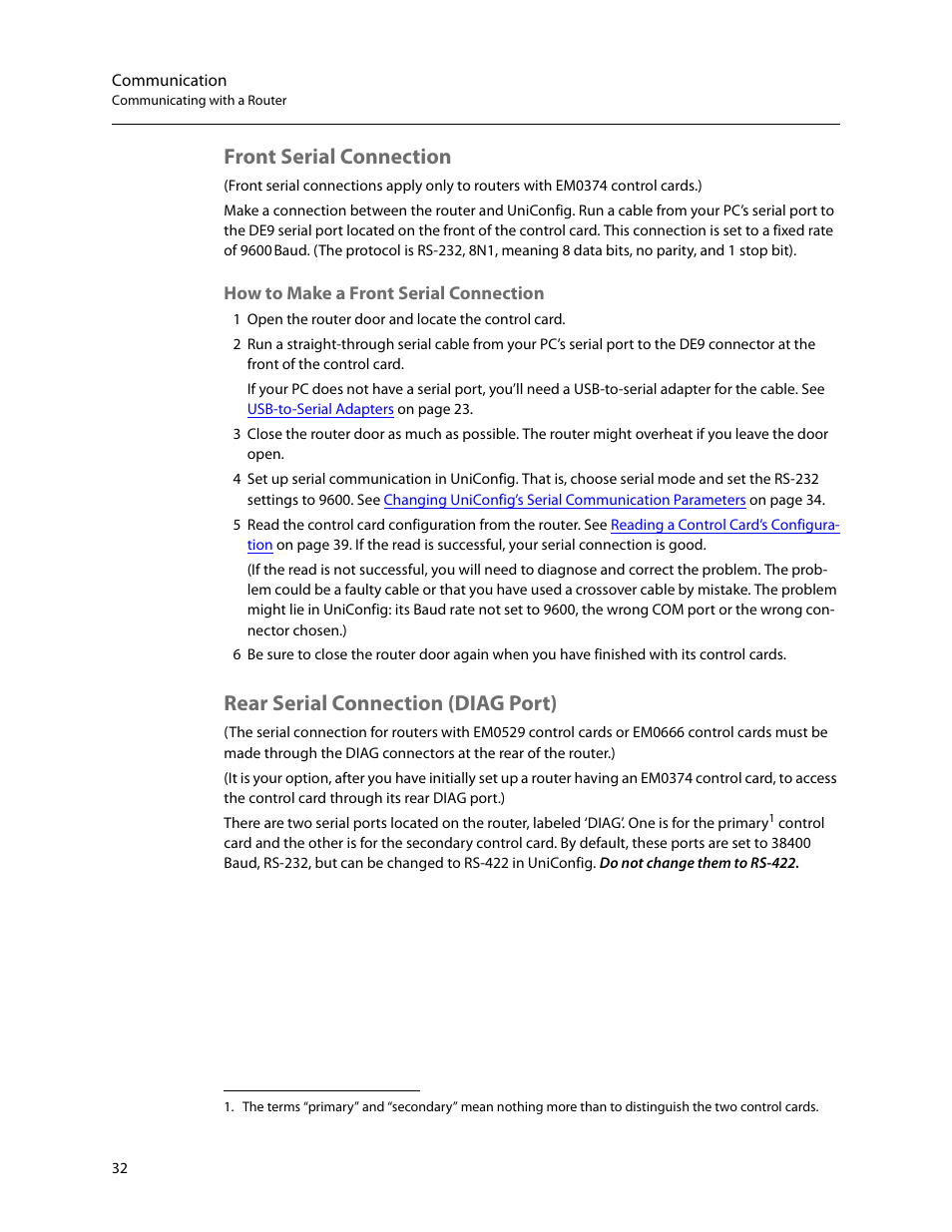 Front serial connection, Rear serial connection (diag port), How to make a front serial connection | Grass Valley UniConfi NVISION Series v.2.0 User Manual | Page 42 / 178