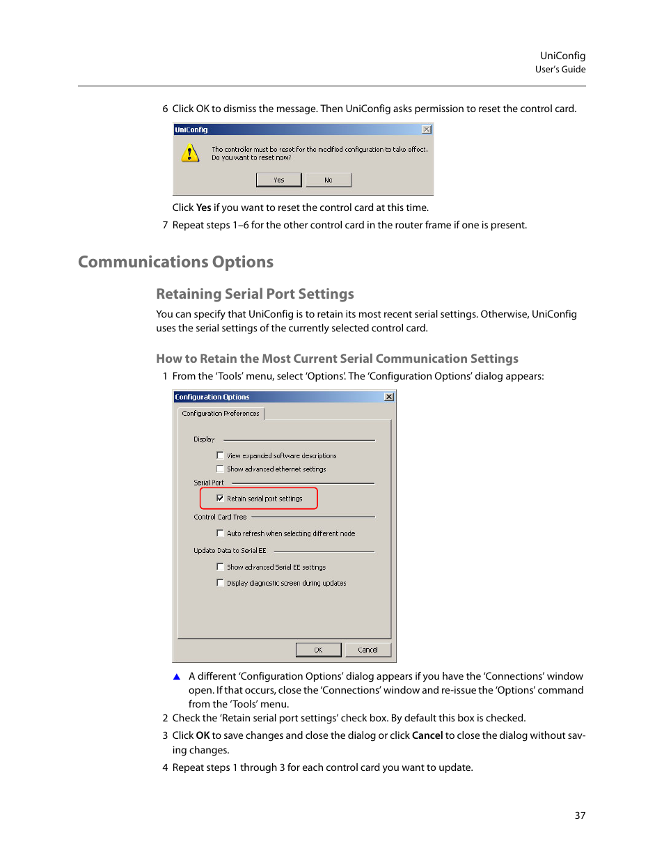 Communications options, Retaining serial port settings | Grass Valley UniConfi NVISION Series v.2.0 User Manual | Page 47 / 178