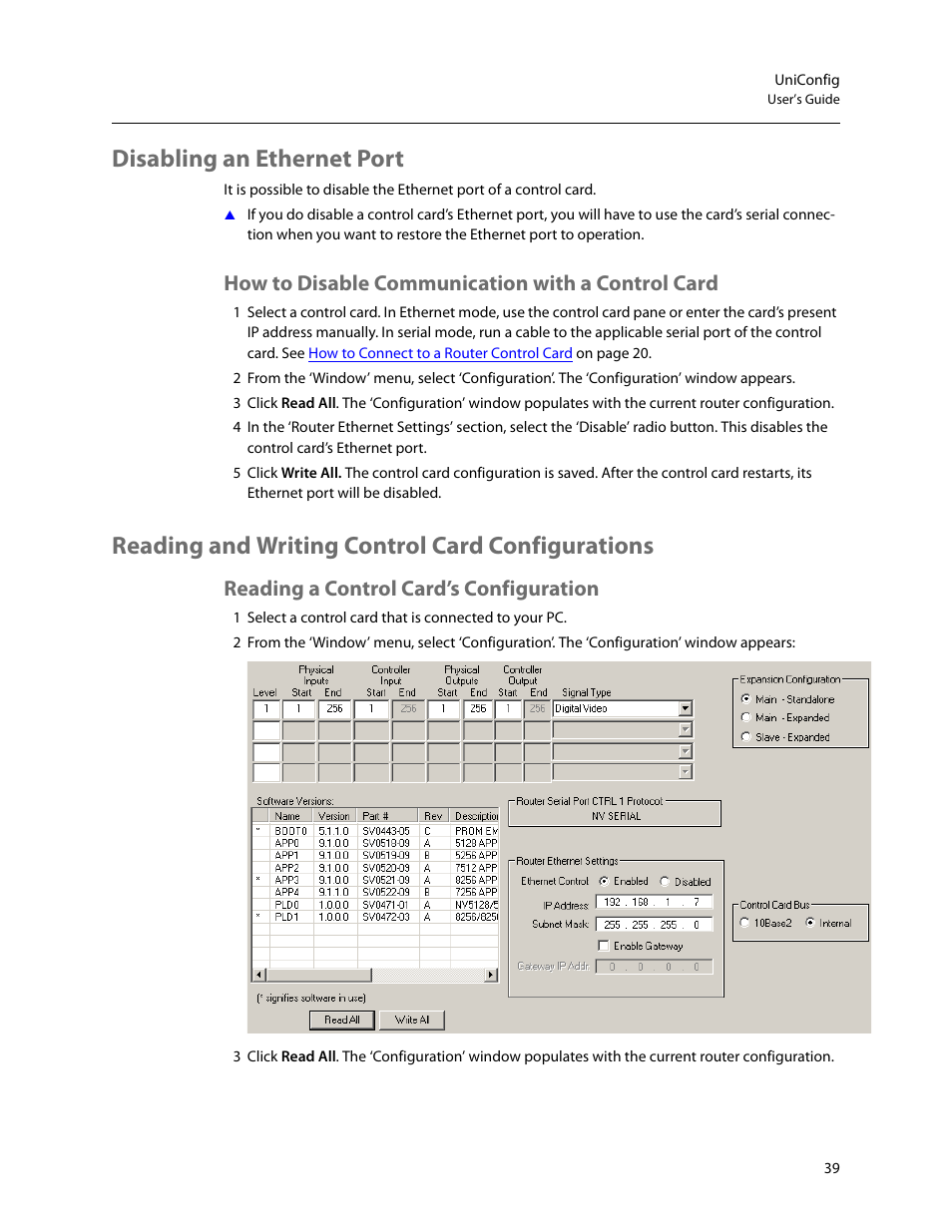 Disabling an ethernet port, How to disable communication with a control card, Reading and writing control card configurations | Reading a control card’s configuration, Reading a control card’s configura, Tion | Grass Valley UniConfi NVISION Series v.2.0 User Manual | Page 49 / 178