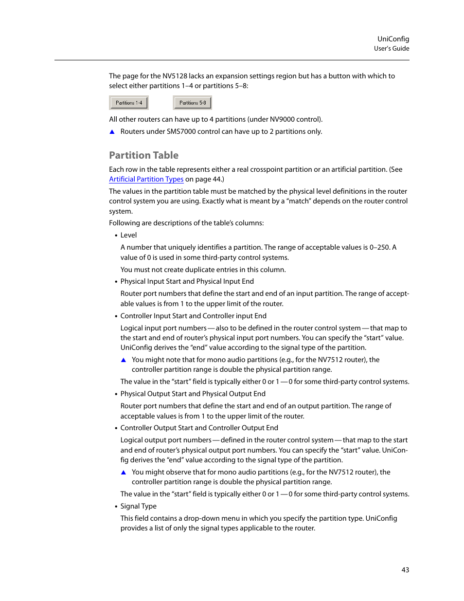 Partition table | Grass Valley UniConfi NVISION Series v.2.0 User Manual | Page 53 / 178