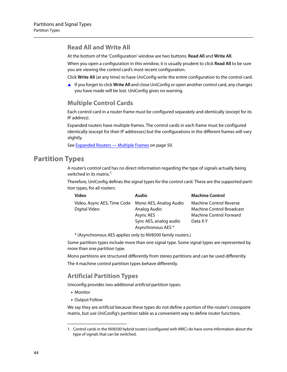Read all and write all, Multiple control cards, Partition types | Artificial partition types, Read all and write all multiple control cards | Grass Valley UniConfi NVISION Series v.2.0 User Manual | Page 54 / 178