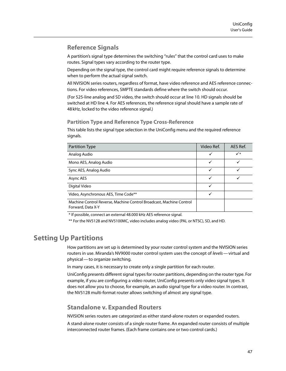 Reference signals, Setting up partitions, Standalone v. expanded routers | Partition type and reference type cross-reference | Grass Valley UniConfi NVISION Series v.2.0 User Manual | Page 57 / 178