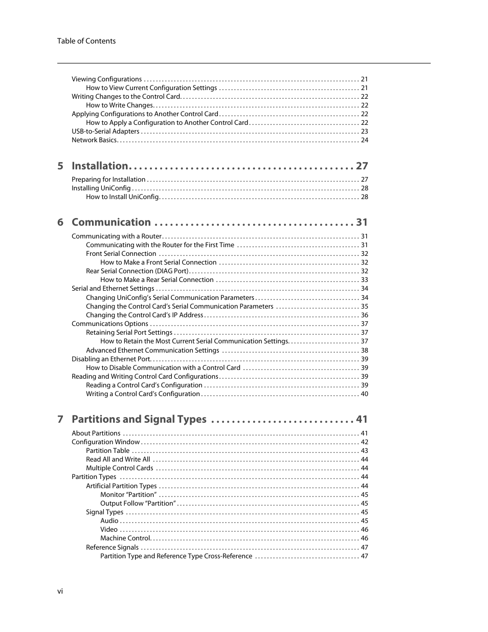 5 installation, 6 communication, 7 partitions and signal types | Grass Valley UniConfi NVISION Series v.2.0 User Manual | Page 6 / 178