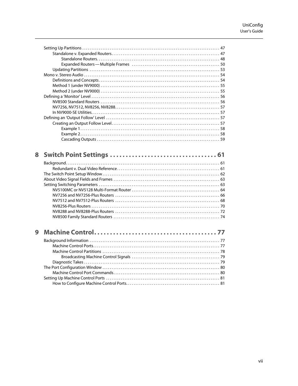 8 switch point settings, 9 machine control | Grass Valley UniConfi NVISION Series v.2.0 User Manual | Page 7 / 178