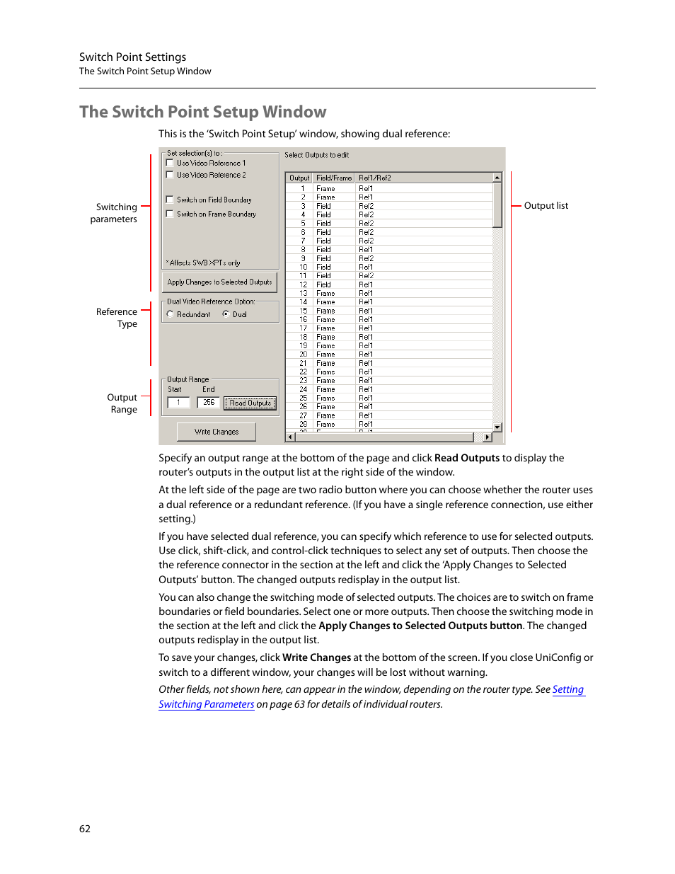 The switch point setup window | Grass Valley UniConfi NVISION Series v.2.0 User Manual | Page 72 / 178