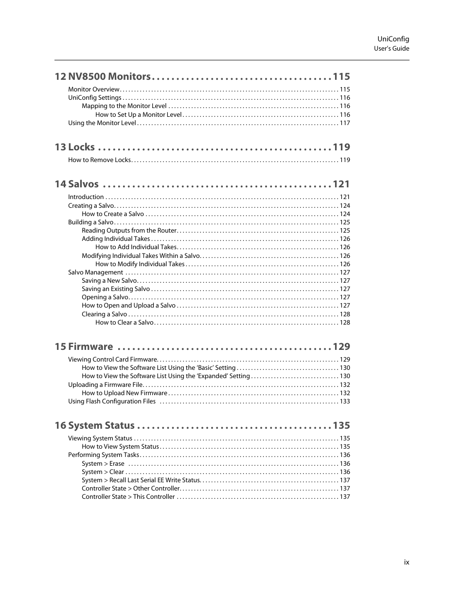 13 locks, 14 salvos, 15 firmware | 16 system status | Grass Valley UniConfi NVISION Series v.2.0 User Manual | Page 9 / 178
