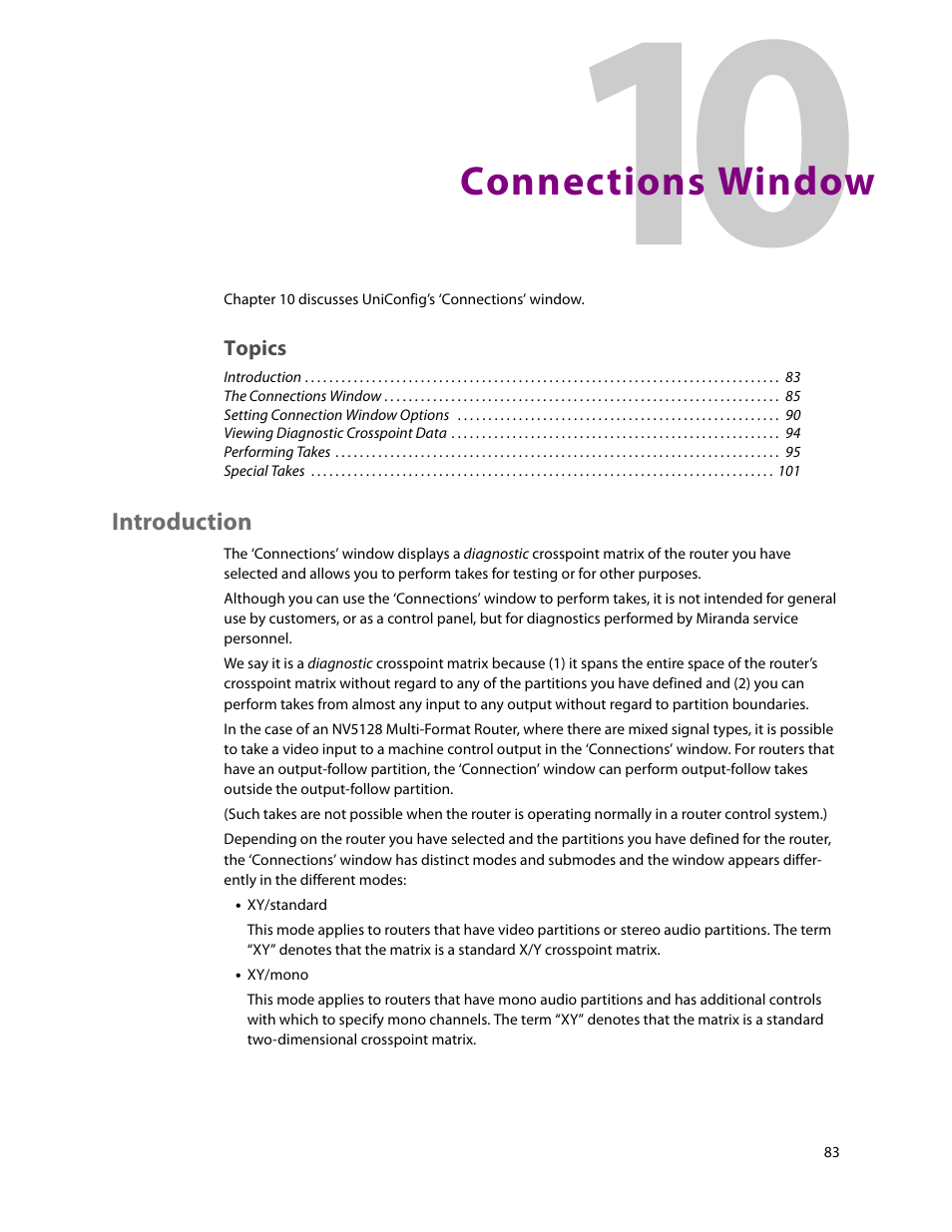 Connections window, Introduction, 10 connections window | Chapter 10, Connections win, Topics | Grass Valley UniConfi NVISION Series v.2.0 User Manual | Page 93 / 178