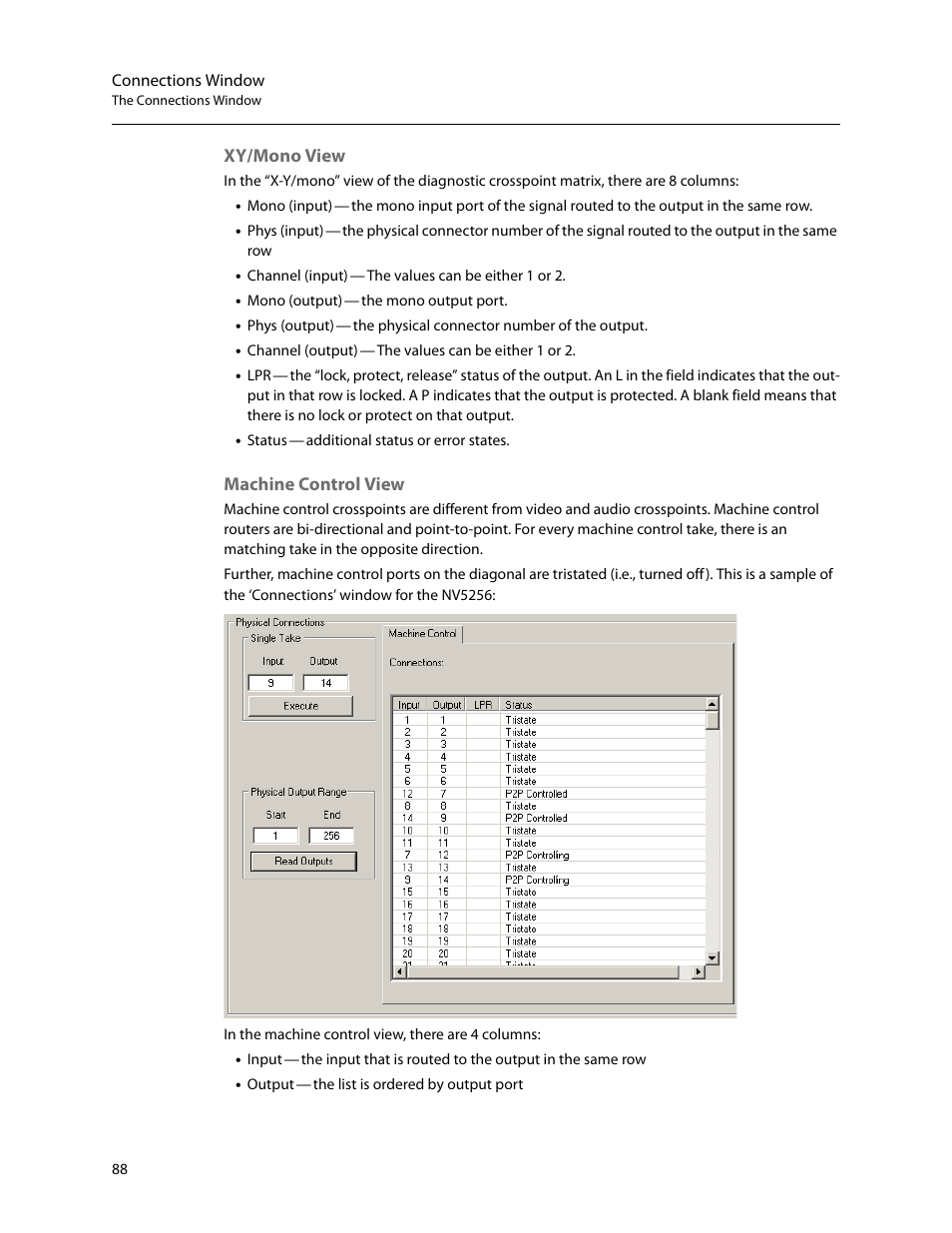 Xy/mono view machine control view, Xy/mono view, Machine control view | Connections window | Grass Valley UniConfi NVISION Series v.2.0 User Manual | Page 98 / 178
