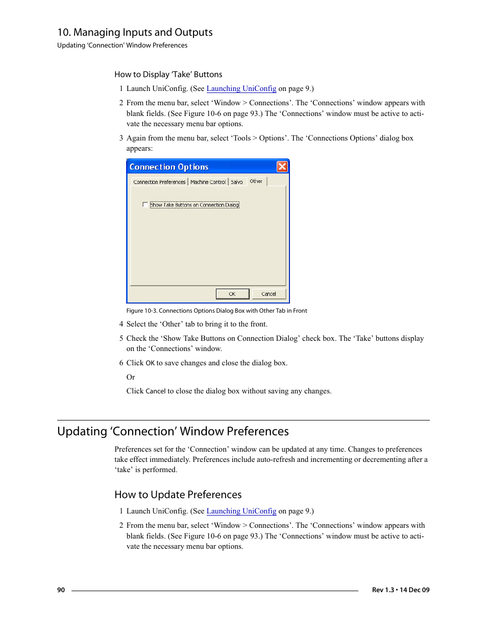 How to display ‘take’ buttons, 4 select the ‘other’ tab to bring it to the front, Updating ‘connection’ window preferences | How to update preferences, Managing inputs and outputs | Grass Valley UniConfi NVISION Series v.1.3 User Manual | Page 102 / 184