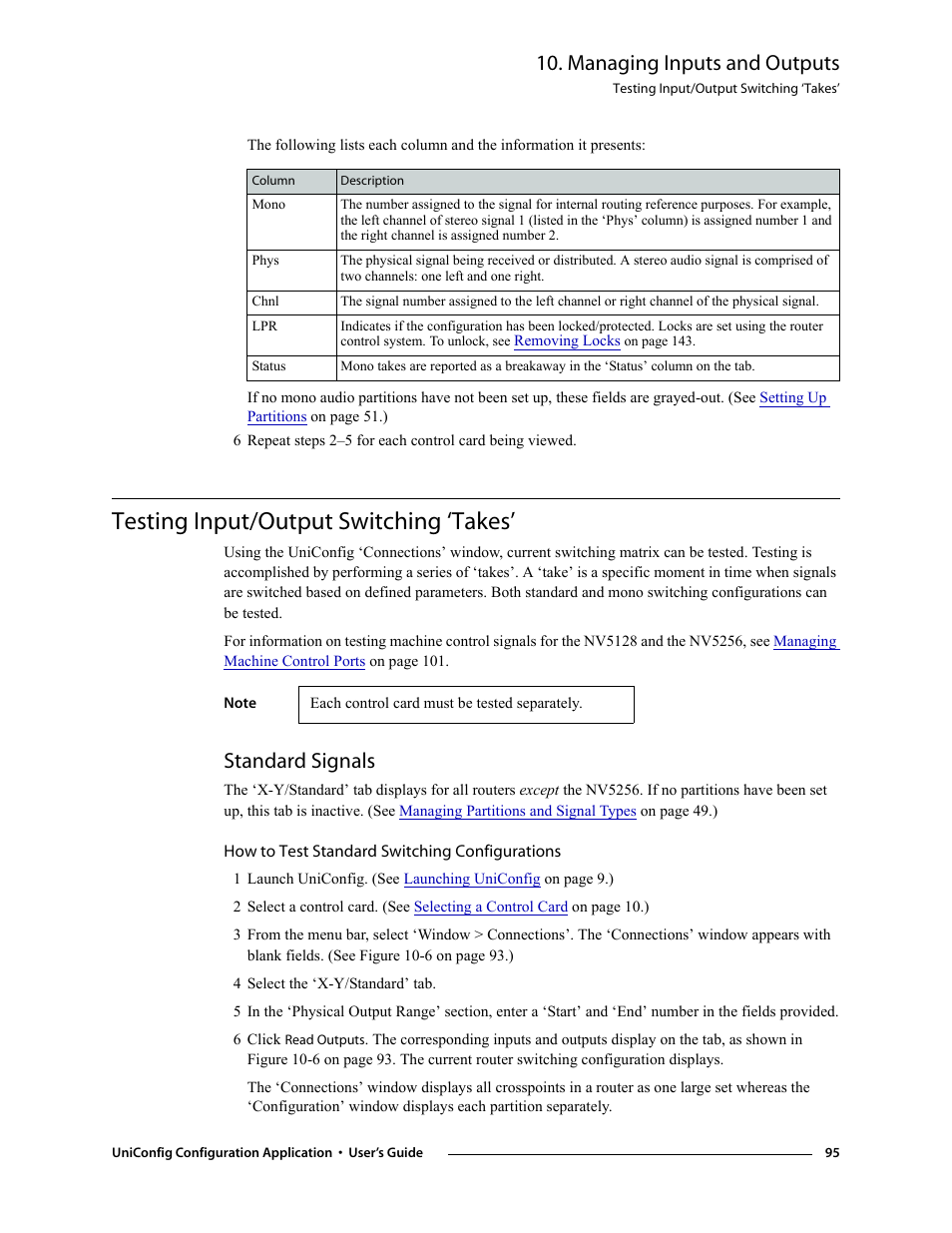 Testing input/output switching ‘takes, Standard signals, How to test standard switching configurations | 4 select the ‘x-y/standard’ tab, Managing inputs and outputs | Grass Valley UniConfi NVISION Series v.1.3 User Manual | Page 107 / 184