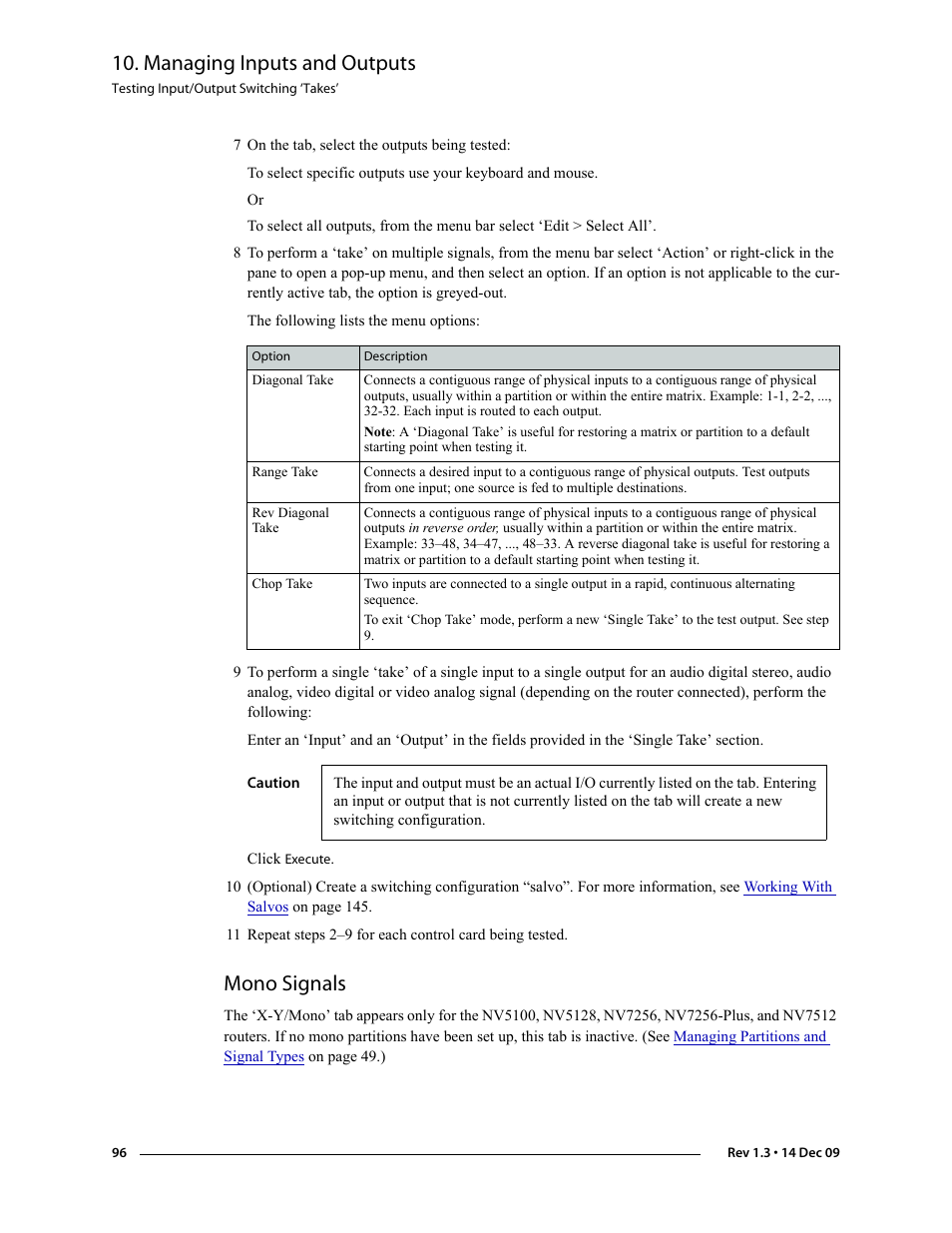 7 on the tab, select the outputs being tested, Mono signals, Managing inputs and outputs | Grass Valley UniConfi NVISION Series v.1.3 User Manual | Page 108 / 184