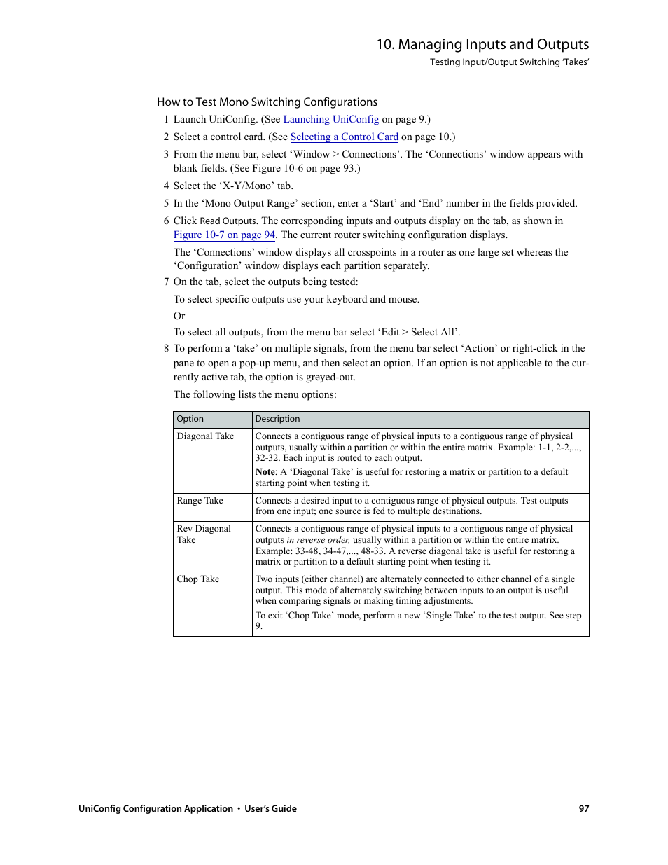 How to test mono switching configurations, 4 select the ‘x-y/mono’ tab, 7 on the tab, select the outputs being tested | Managing inputs and outputs | Grass Valley UniConfi NVISION Series v.1.3 User Manual | Page 109 / 184