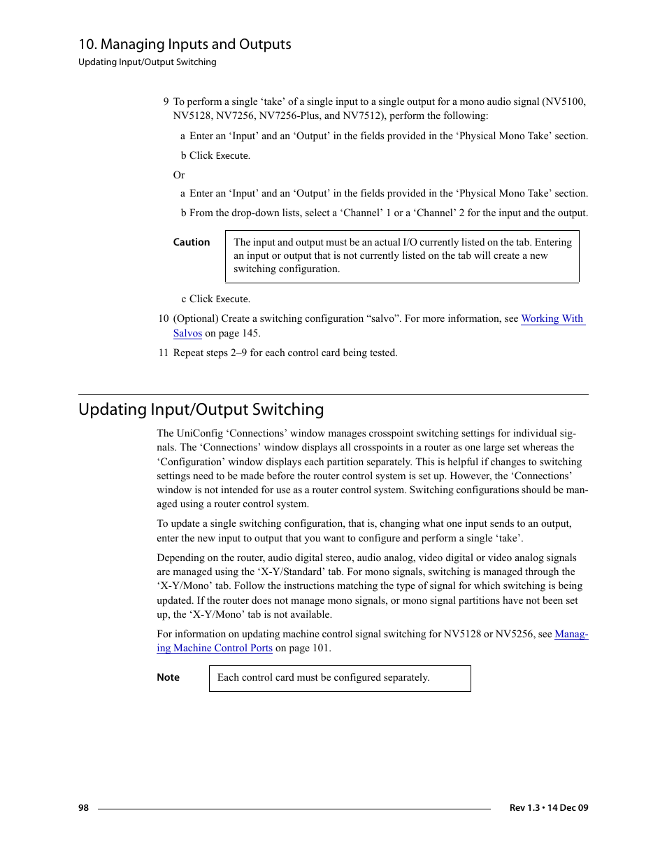 Updating input/output switching, Managing inputs and outputs | Grass Valley UniConfi NVISION Series v.1.3 User Manual | Page 110 / 184