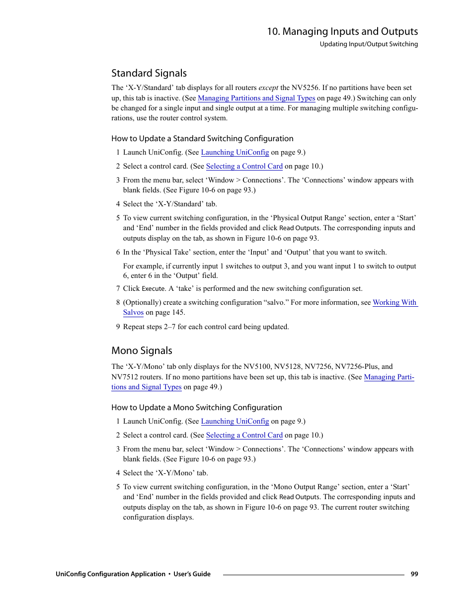Standard signals, How to update a standard switching configuration, 4 select the ‘x-y/standard’ tab | Mono signals, How to update a mono switching configuration, 4 select the ‘x-y/mono’ tab, Managing inputs and outputs | Grass Valley UniConfi NVISION Series v.1.3 User Manual | Page 111 / 184