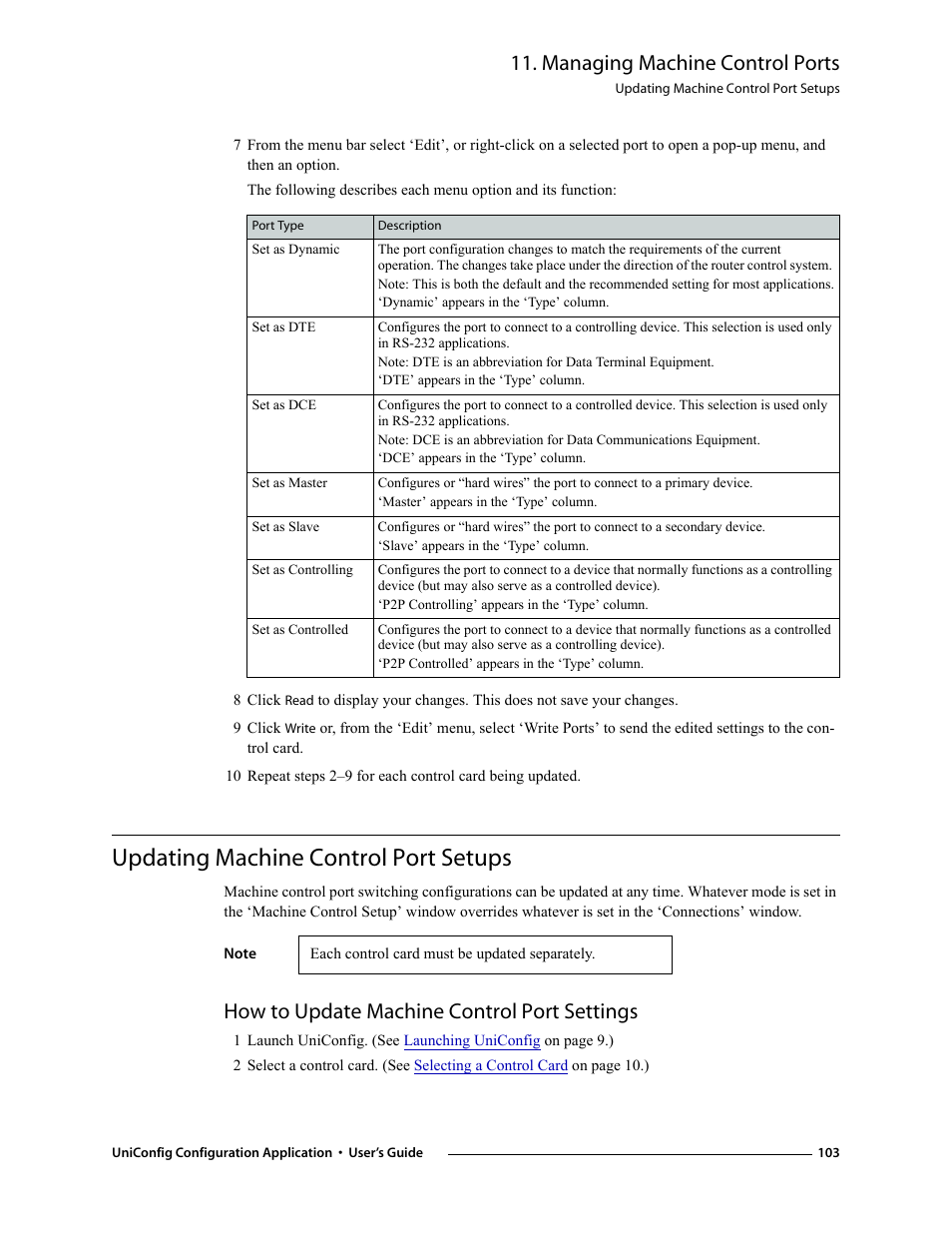 Updating machine control port setups, How to update machine control port settings, Managing machine control ports | Grass Valley UniConfi NVISION Series v.1.3 User Manual | Page 115 / 184