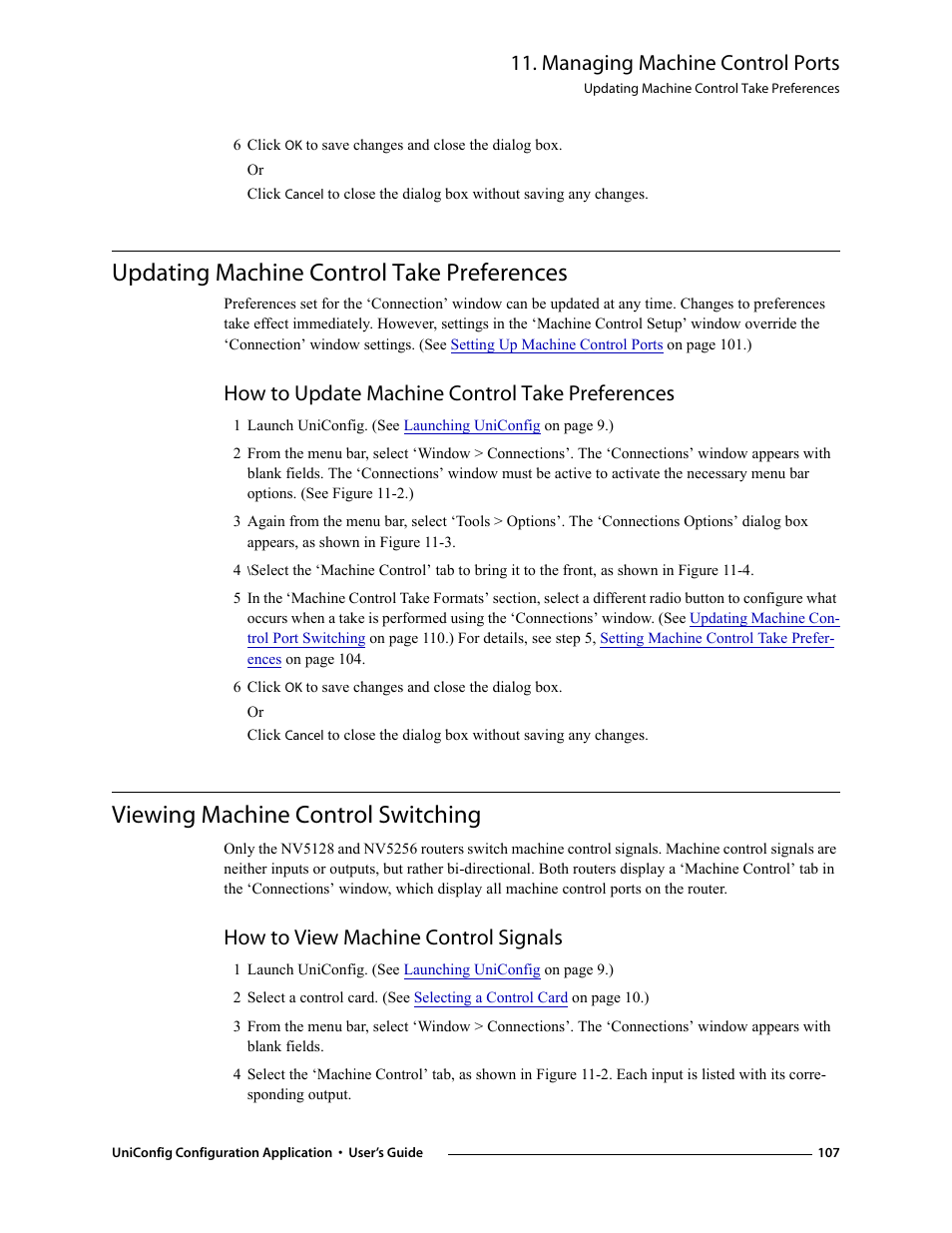 Updating machine control take preferences, How to update machine control take preferences, Viewing machine control switching | How to view machine control signals, Managing machine control ports | Grass Valley UniConfi NVISION Series v.1.3 User Manual | Page 119 / 184