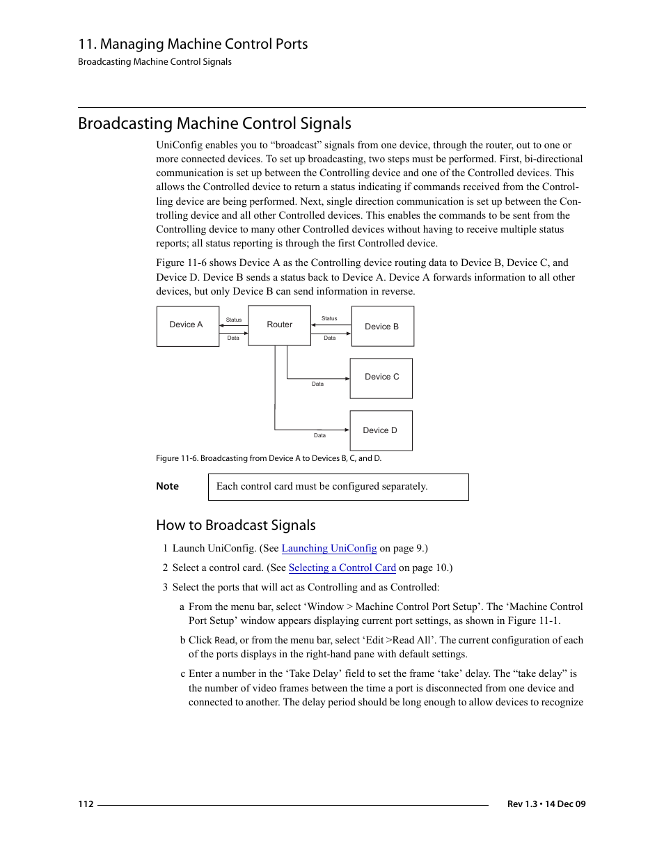 Broadcasting machine control signals, How to broadcast signals, Broadcasting machine | Control signals, Managing machine control ports | Grass Valley UniConfi NVISION Series v.1.3 User Manual | Page 124 / 184