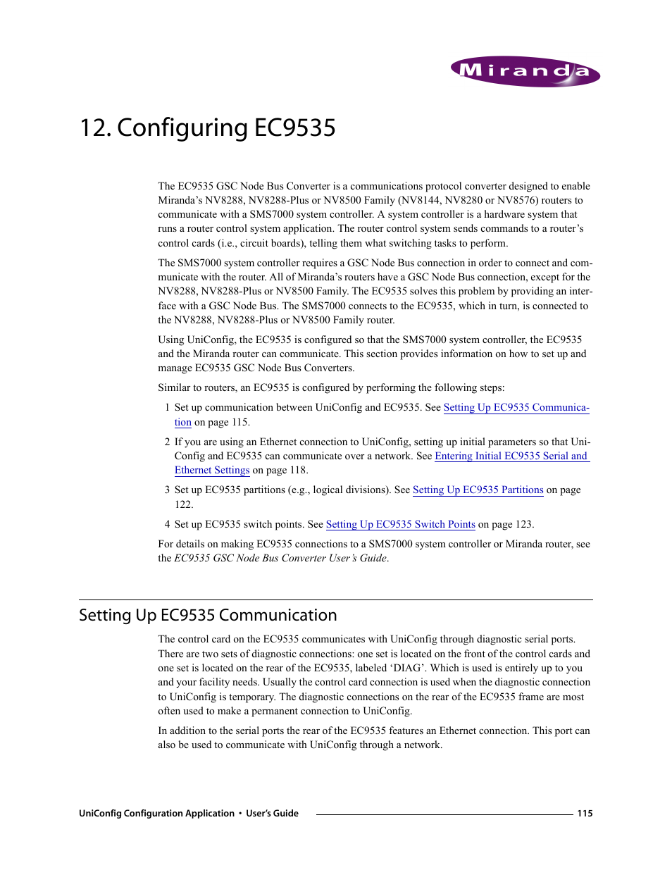 Configuring ec9535, Setting up ec9535 communication, Chapter 12 | Grass Valley UniConfi NVISION Series v.1.3 User Manual | Page 127 / 184