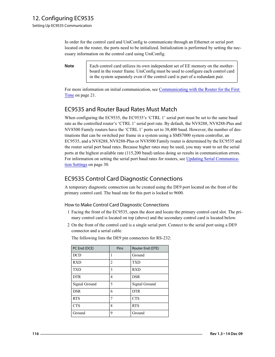 Ec9535 and router baud rates must match, Ec9535 control card diagnostic connections, How to make control card diagnostic connections | Configuring ec9535 | Grass Valley UniConfi NVISION Series v.1.3 User Manual | Page 128 / 184