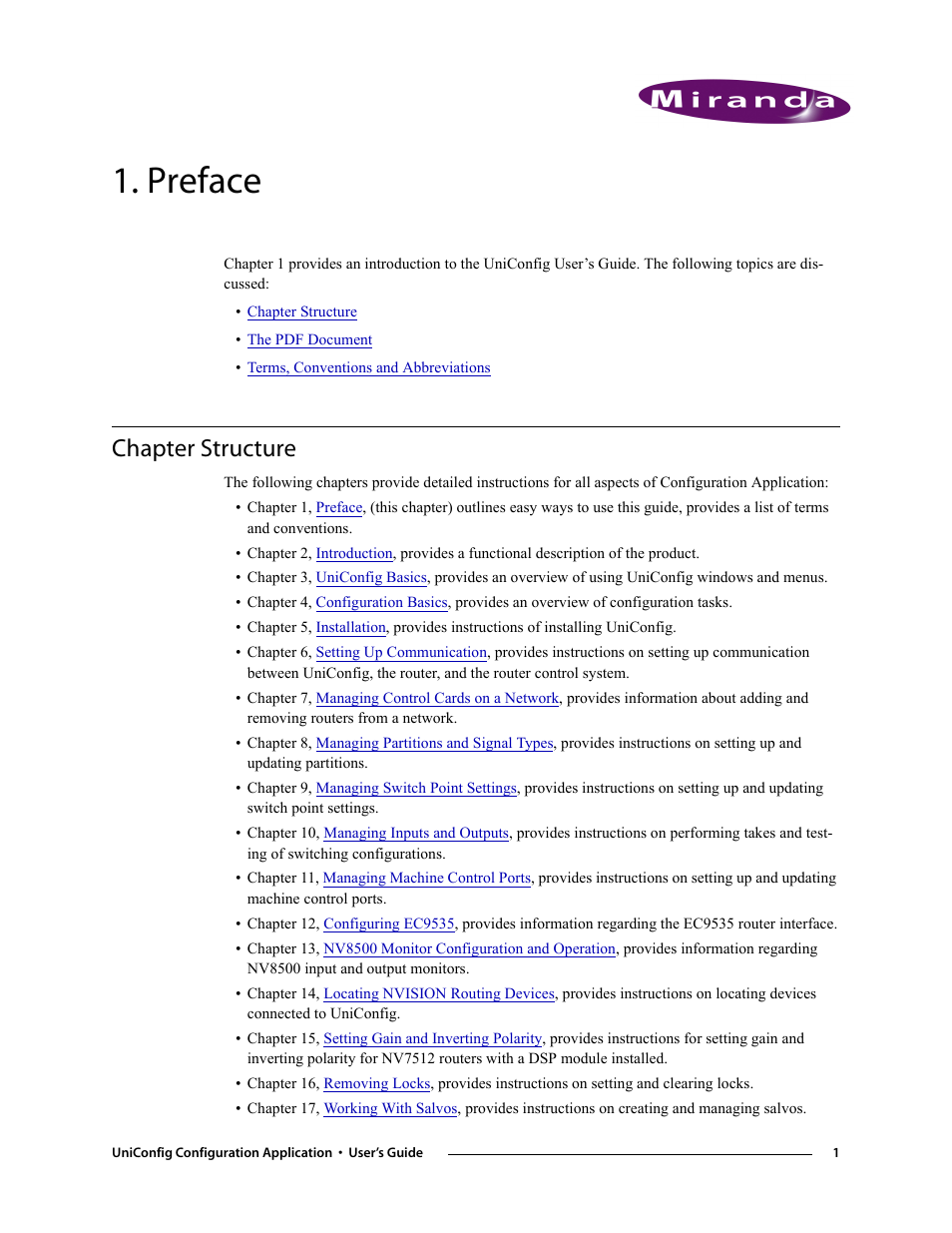 Preface, Chapter structure, Chapter 1 | Grass Valley UniConfi NVISION Series v.1.3 User Manual | Page 13 / 184