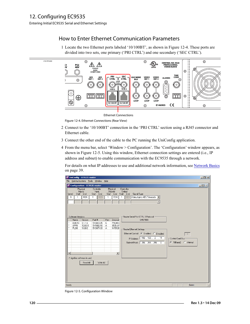 How to enter ethernet communication parameters, Configuring ec9535 | Grass Valley UniConfi NVISION Series v.1.3 User Manual | Page 132 / 184