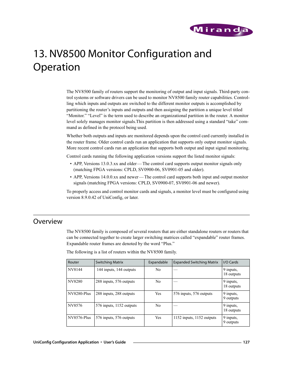 Nv8500 monitor configuration and operation, Overview, Chapter 13 | Grass Valley UniConfi NVISION Series v.1.3 User Manual | Page 139 / 184