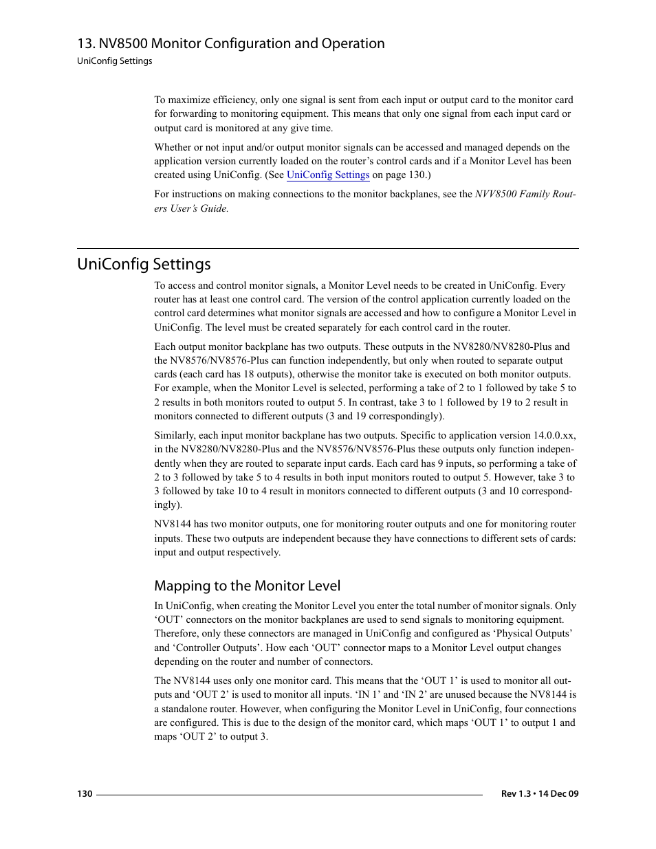 Uniconfig settings, Mapping to the monitor level, Nv8500 monitor configuration and operation | Grass Valley UniConfi NVISION Series v.1.3 User Manual | Page 142 / 184
