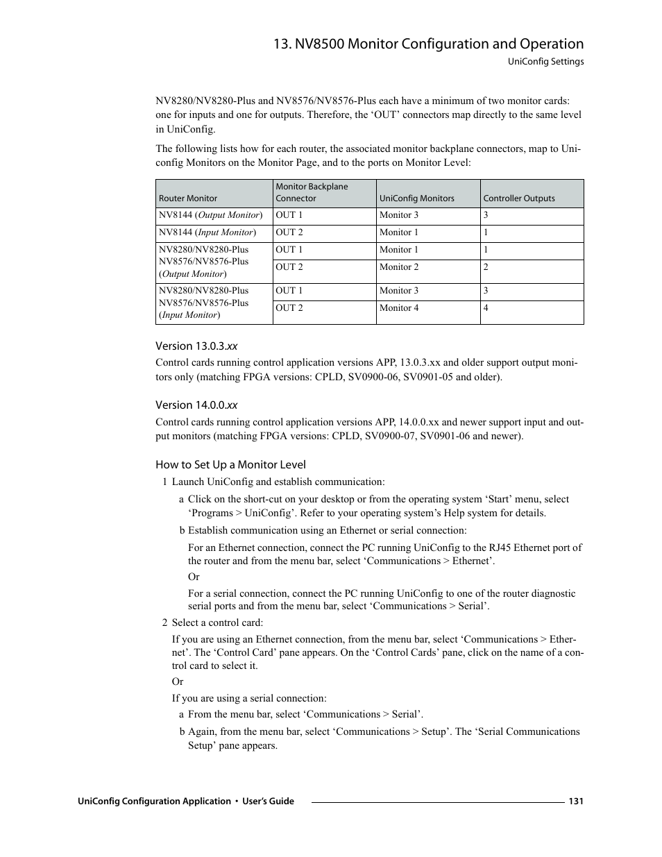 Version 13.0.3.xx, Version 14.0.0.xx, How to set up a monitor level | 2 select a control card, Nv8500 monitor configuration and operation | Grass Valley UniConfi NVISION Series v.1.3 User Manual | Page 143 / 184