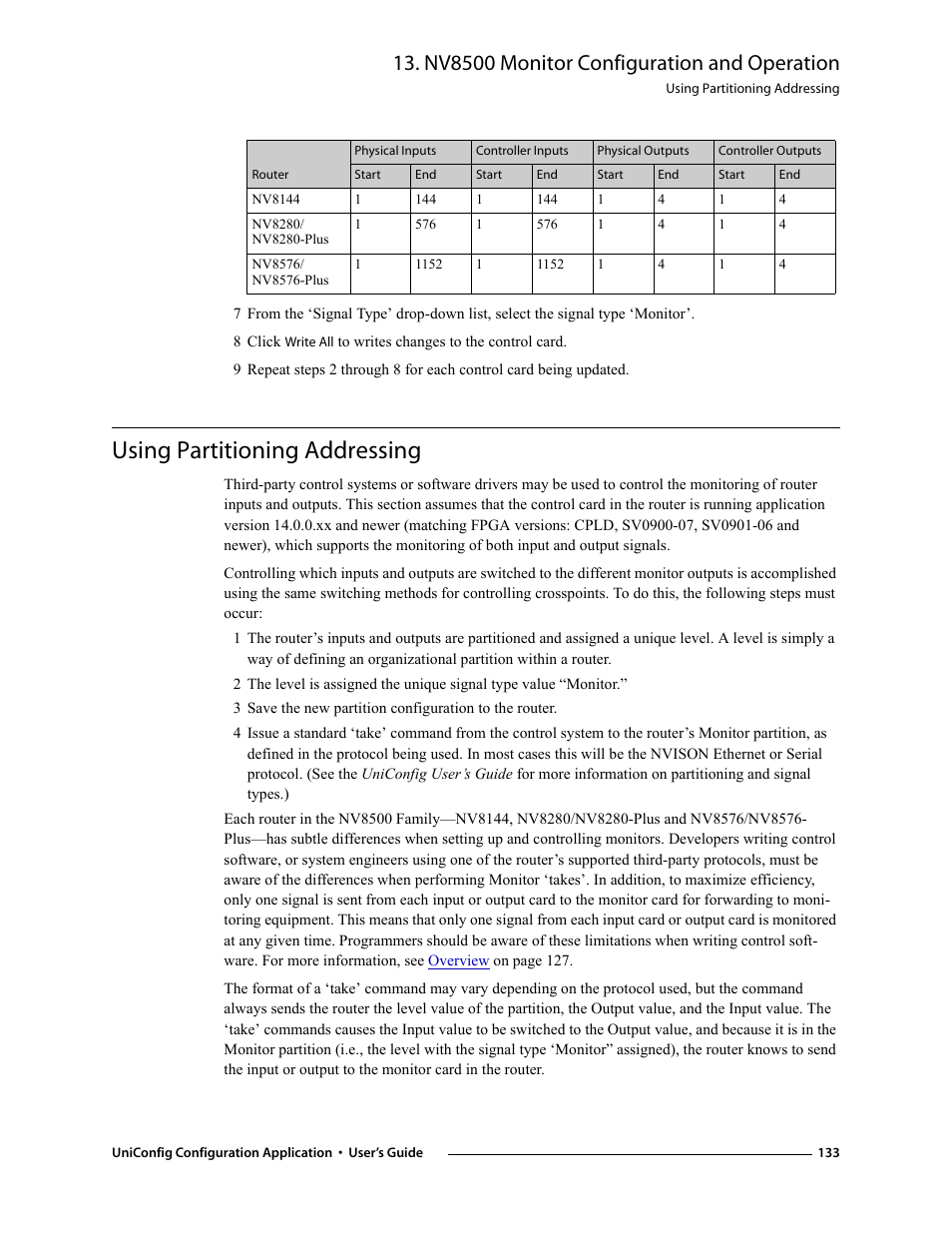 Using partitioning addressing, Nv8500 monitor configuration and operation | Grass Valley UniConfi NVISION Series v.1.3 User Manual | Page 145 / 184