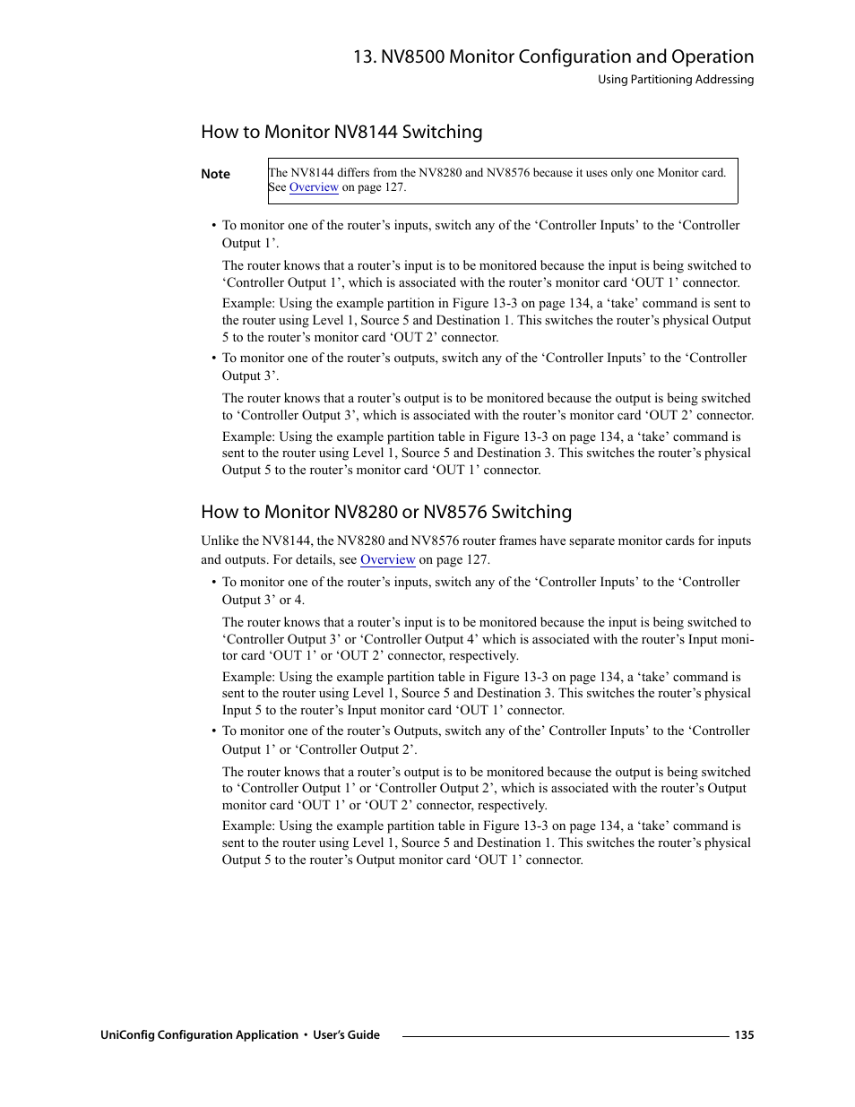 How to monitor nv8144 switching, How to monitor nv8280 or nv8576 switching, Nv8500 monitor configuration and operation | Grass Valley UniConfi NVISION Series v.1.3 User Manual | Page 147 / 184