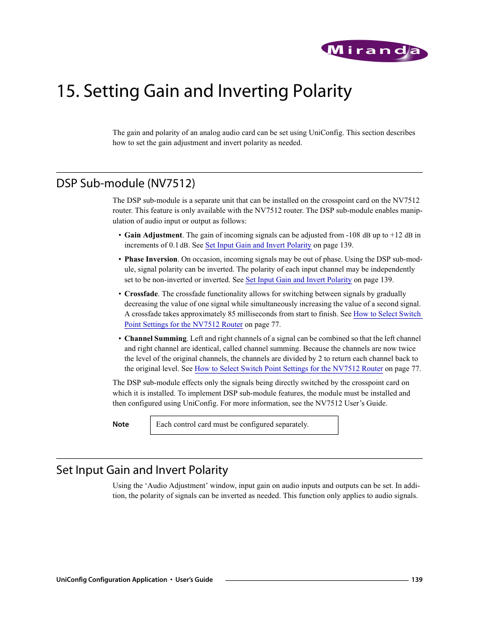 Setting gain and inverting polarity, Dsp sub-module (nv7512), Set input gain and invert polarity | Chapter 15 | Grass Valley UniConfi NVISION Series v.1.3 User Manual | Page 151 / 184