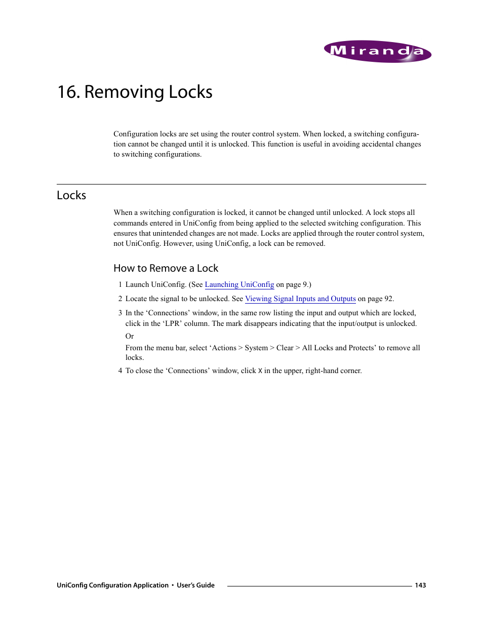 Removing locks, Locks, How to remove a lock | Chapter 16, K, see | Grass Valley UniConfi NVISION Series v.1.3 User Manual | Page 155 / 184