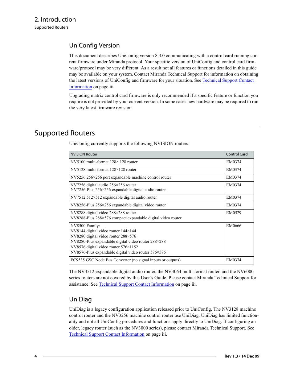 Uniconfig version, Supported routers, Unidiag | Introduction | Grass Valley UniConfi NVISION Series v.1.3 User Manual | Page 16 / 184