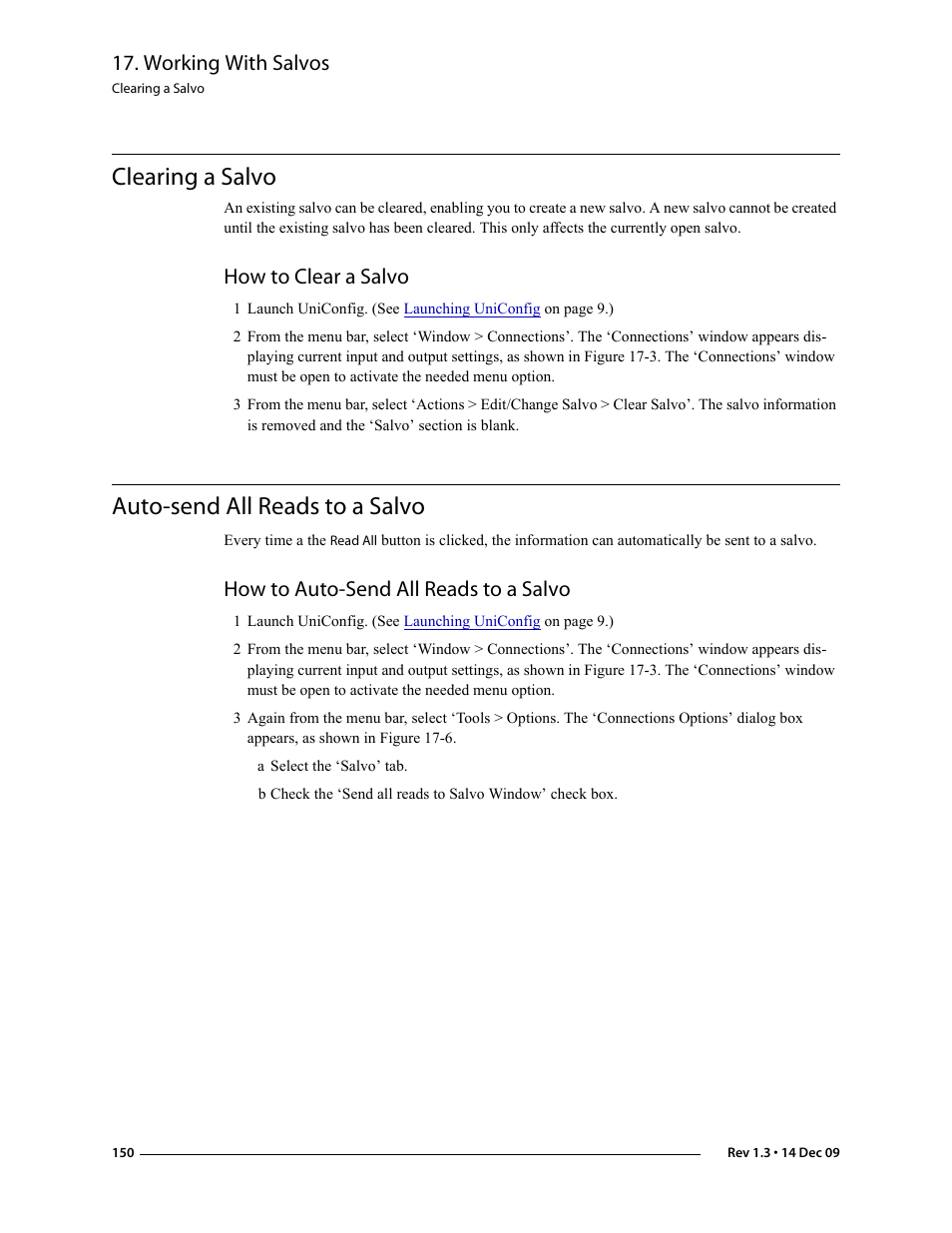 Clearing a salvo, How to clear a salvo, Auto-send all reads to a salvo | How to auto-send all reads to a salvo, Working with salvos | Grass Valley UniConfi NVISION Series v.1.3 User Manual | Page 162 / 184
