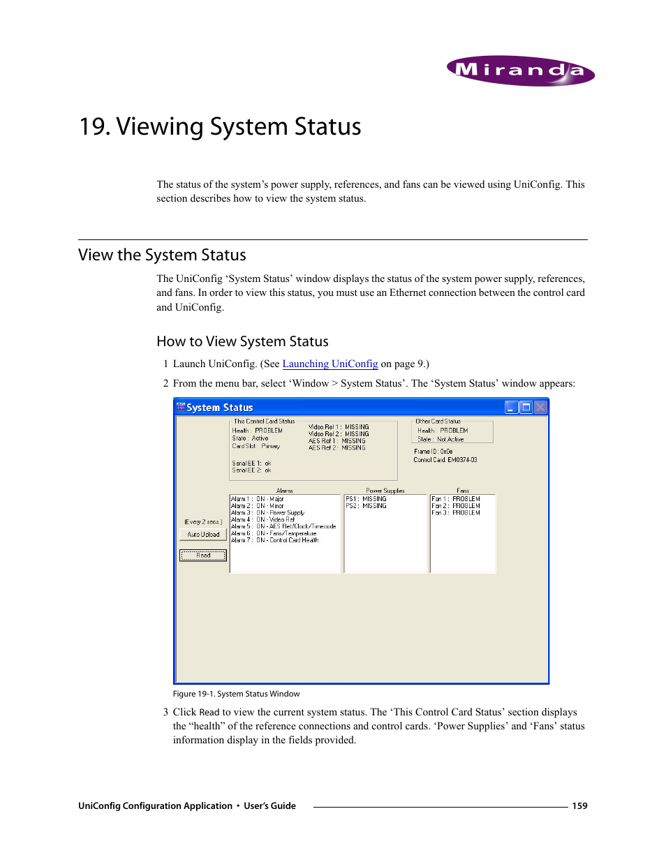 Viewing system status, View the system status, How to view system status | Chapter 19, Provi | Grass Valley UniConfi NVISION Series v.1.3 User Manual | Page 171 / 184